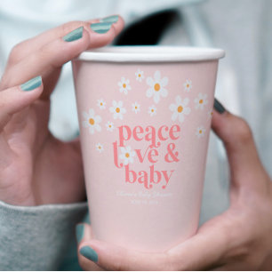 Retro Daisy Pink Peace Love Baby Shower Paper Cups