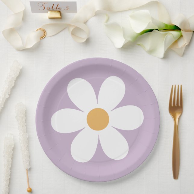 Retro daisy purple boho paper plates (Wedding)