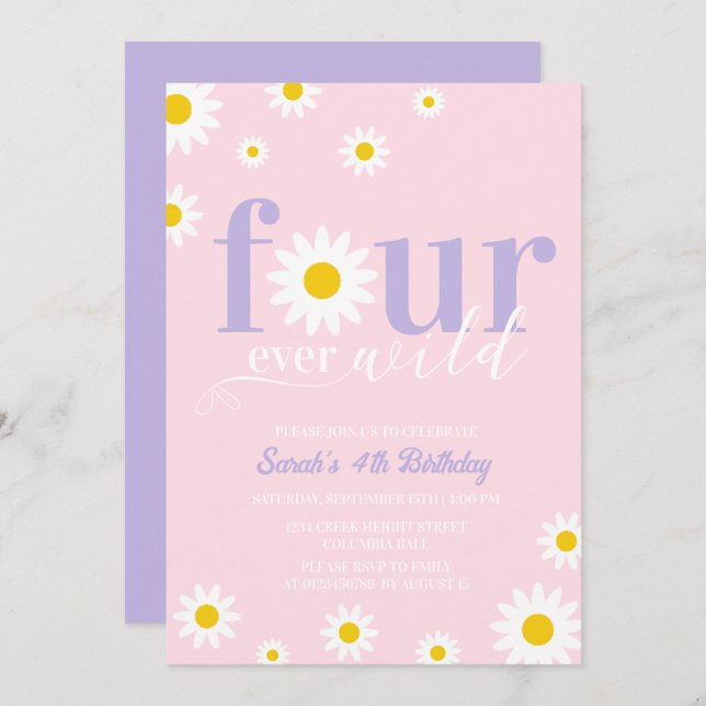 Retro Daisy Purple Pink Groovy  4th Birthday Invitation (Front/Back)