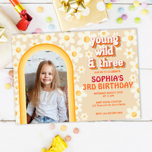 Retro Daisy Rainbow 3rd Birthday Photo Invitation 