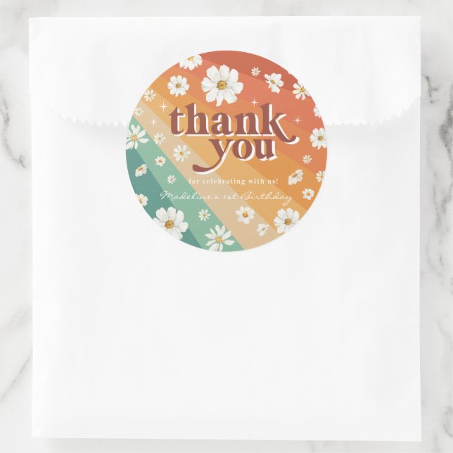 Retro Daisy Rainbow Birthday Thank You Classic Round Sticker (Bag)
