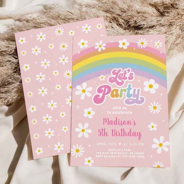 Retro Daisy Rainbow Let's Party Birthday Invitation (Creator Uploaded)