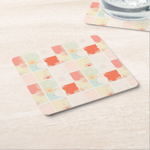 Retro daisy Red Pink Aqua Blue Floral Birthday par Square Paper Coaster