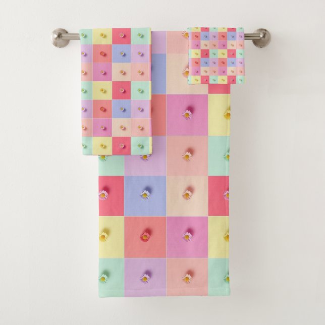 Retro daisy Red Pink Blue Flowers pattern Birthday Bath Towel Set (Insitu)
