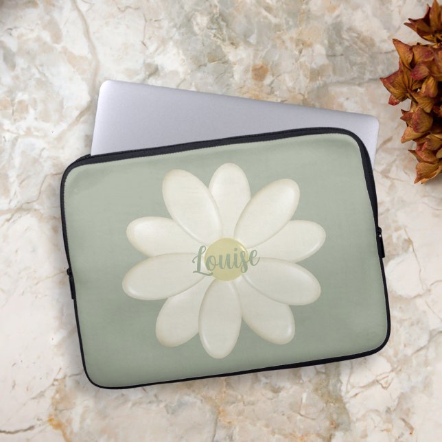 Retro Daisy Sage Green Custom Name Laptop Sleeve (Add your name to this lovely sage green and cream daisy flower laptop sleeve)