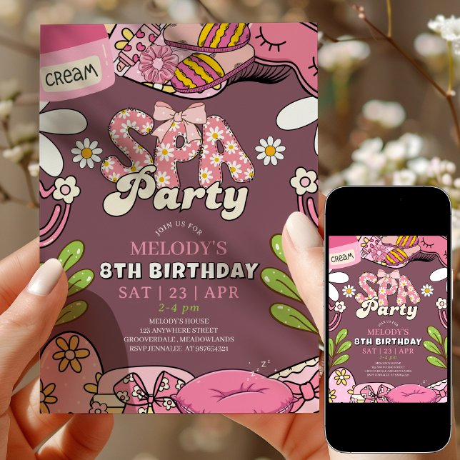 Retro Daisy Spa Party Birthday Invitation Maroon (Creator Uploaded)