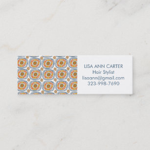 Retro Daisy Tiles Pattern Blue Orange Mini Business Card