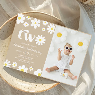 Retro Daisy Two Floral 2nd Birthday Photo Invitation