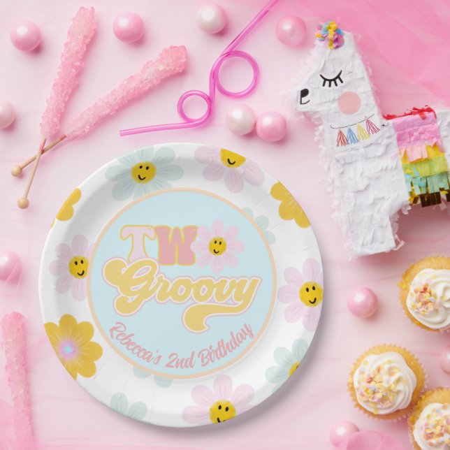 Retro Daisy Two Groovy Birthday Custom Paper Plate (Party)