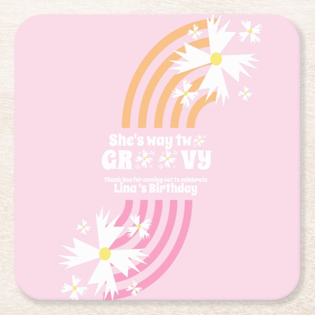 Retro Daisy Way Two Groovy Rainbow Party Square Paper Coaster (Front)