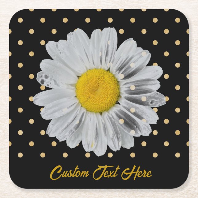 Retro Daisy Yellow Bright Gold Black Polka Dots Square Paper Coaster (Front)