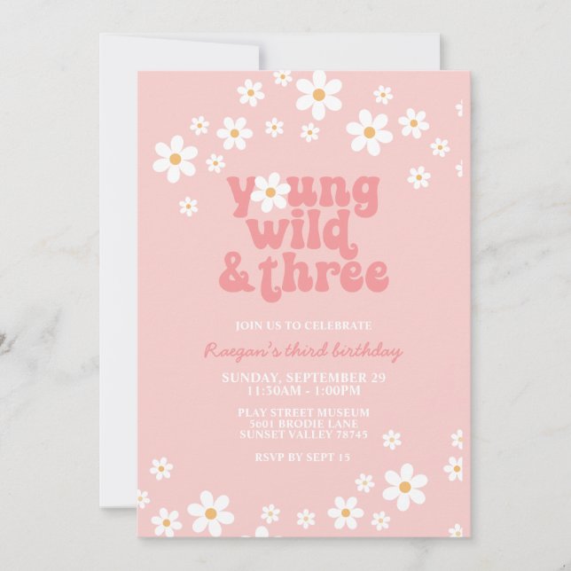 Retro Daisy Young Wild Three Floral 3rd Birthday I Invitation (Front)