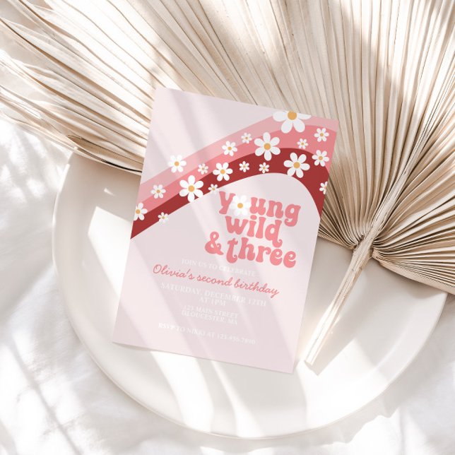 Retro daisy Young Wild Three floral third birthday Invitation (Creator Uploaded)
