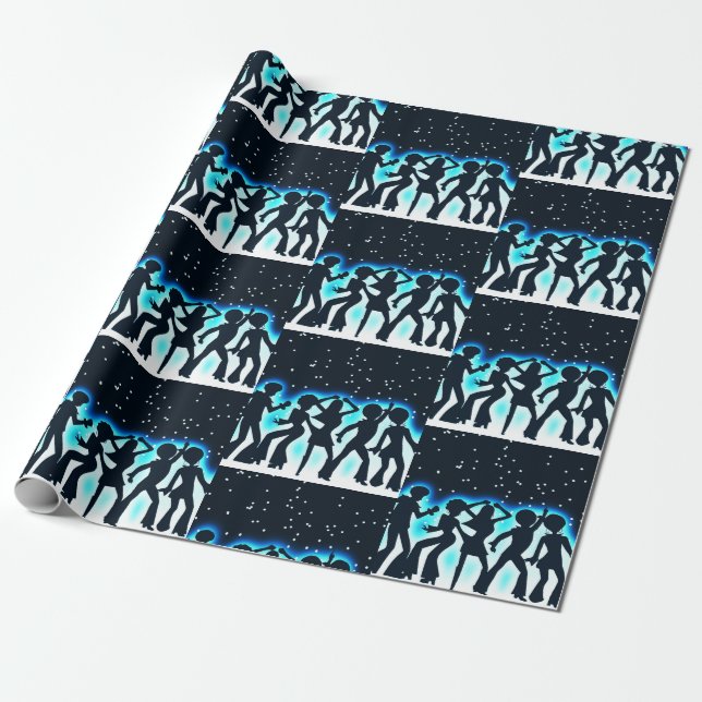 Retro Dance Party Teal Wrapping Paper (Unrolled)