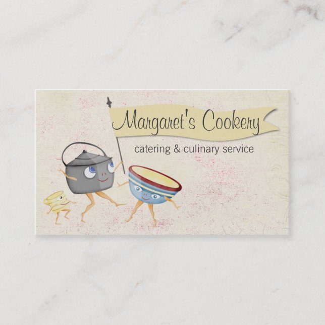 Retro dancing cooking pots utensils biz card (Front)