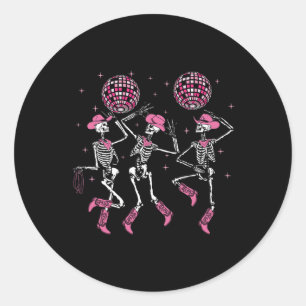 Retro Dancing Skeleton Cowgirl Pink Western For Wo Classic Round Sticker