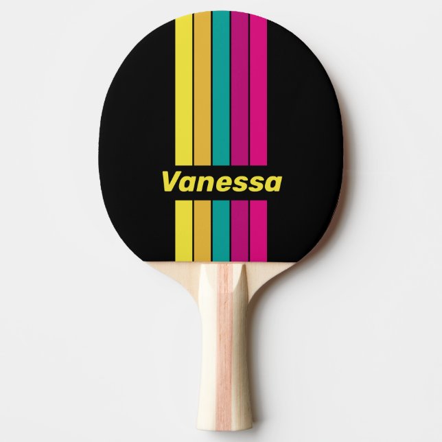 Retro Dark 80s Pin Striped with Name Ping Pong Paddle (Front)