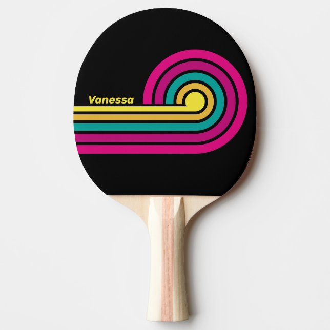 Retro Dark 80s Stripes with Name Ping Pong Paddle (Front)