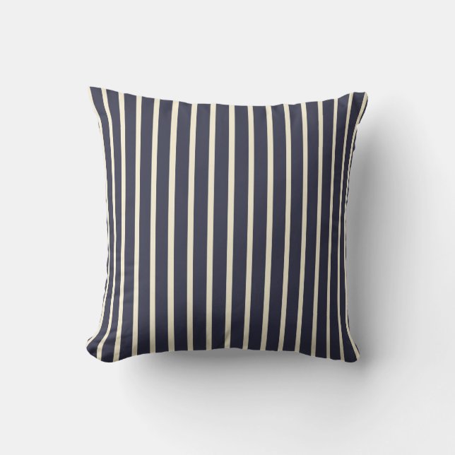 Retro Dark Blue & Cream Ticking Stripes French Cushion (Front)