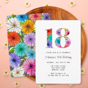 Retro Dark Grey Rustic Floral 18th Birthday Party Invitation