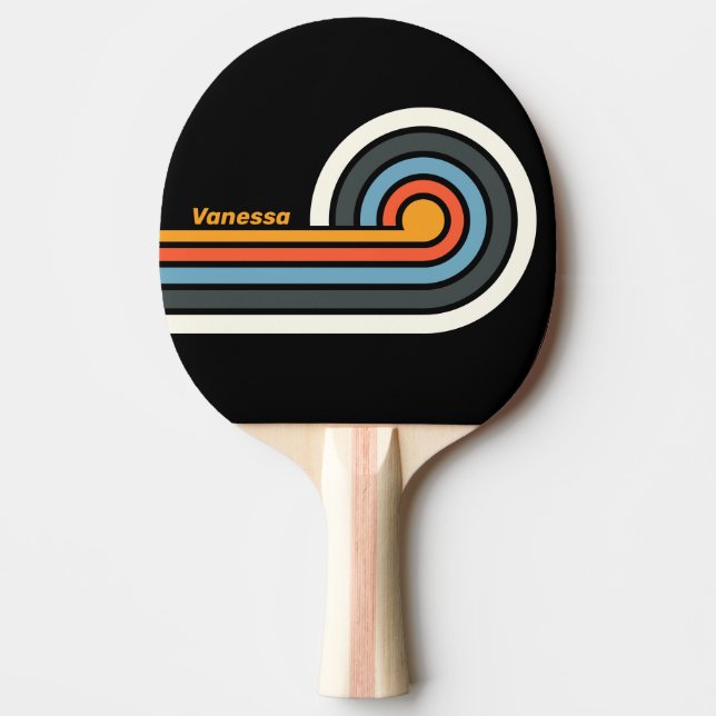 Retro Dark Rainbow Curl Stripes with Name Ping Pong Paddle (Front)