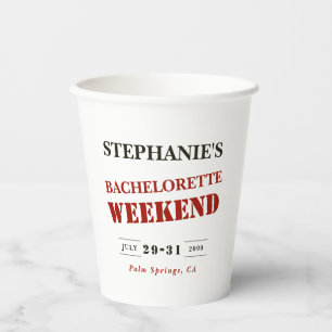 Retro Dark Red, Black & White Bachelorette Weekend Paper Cups
