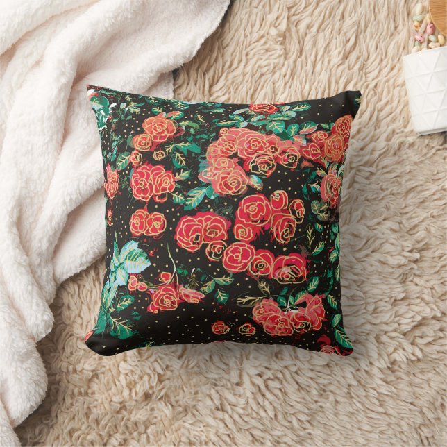 Retro Dark Red Roses Polka Dot Floral Pattern Cushion (Blanket)