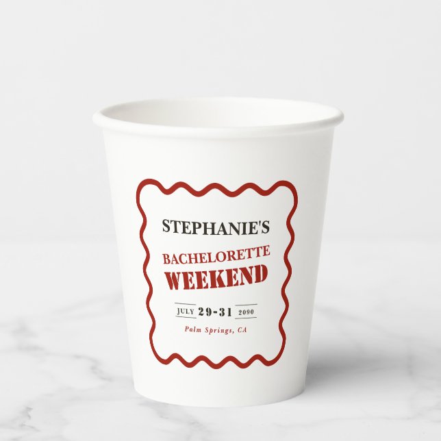 Retro Dark Red Wavy Border Bachelorette Weekend Paper Cups (Front)