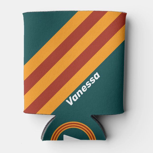 Retro Dark Teal Splash Stripes with Name Can Cooler (Front)