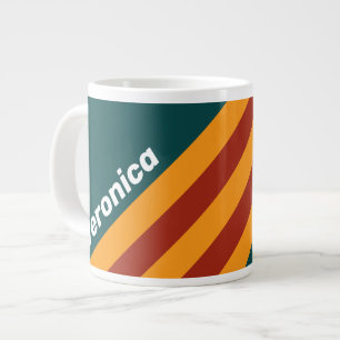Retro Dark Teal Splash Stripes with Name Large Coffee Mug