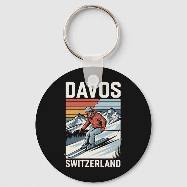 Retro Davos Switzerland Ski Resort  Key Ring (Front)