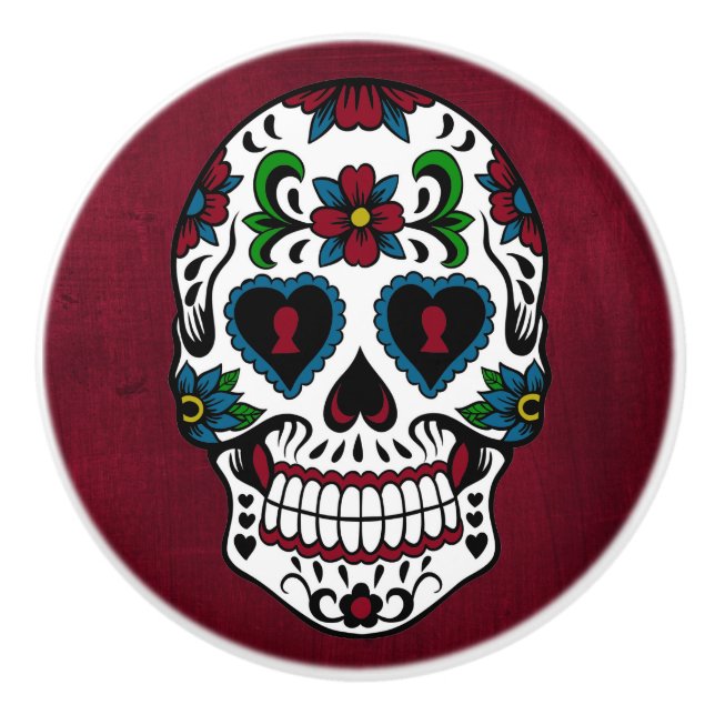 Retro Day of the Dead Sugar Skull Ceramic Knob (Front)