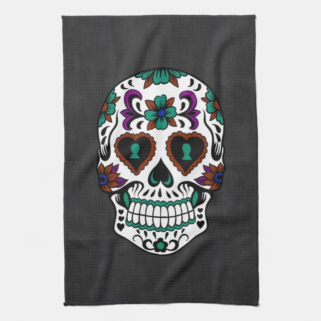 Retro Day of the Dead Sugar Skull Tea Towel (Vertical)