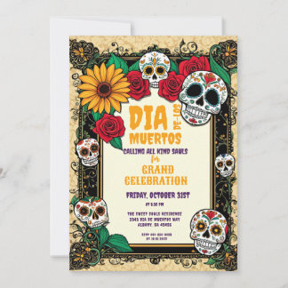 Retro Day of The Dead Sugar Skulls Celebration Invitation