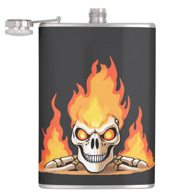 Retro Dead Burning skeleton Skull in Fire  Hip Flask (Opened)