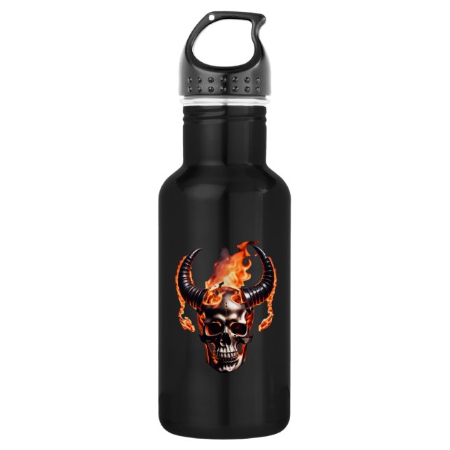  Retro Dead Burning Skull with horn in Fire  532 Ml Water Bottle (Front)
