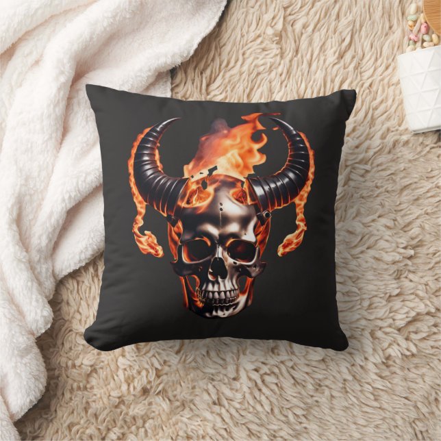  Retro Dead Burning Skull with horn in Fire  Cushion (Blanket)