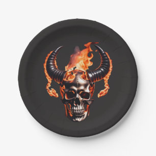  Retro Dead Burning Skull with horn in Fire  Paper Plate