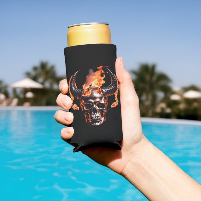  Retro Dead Burning Skull with horn in Fire  Seltzer Can Cooler (In Situ Pool)