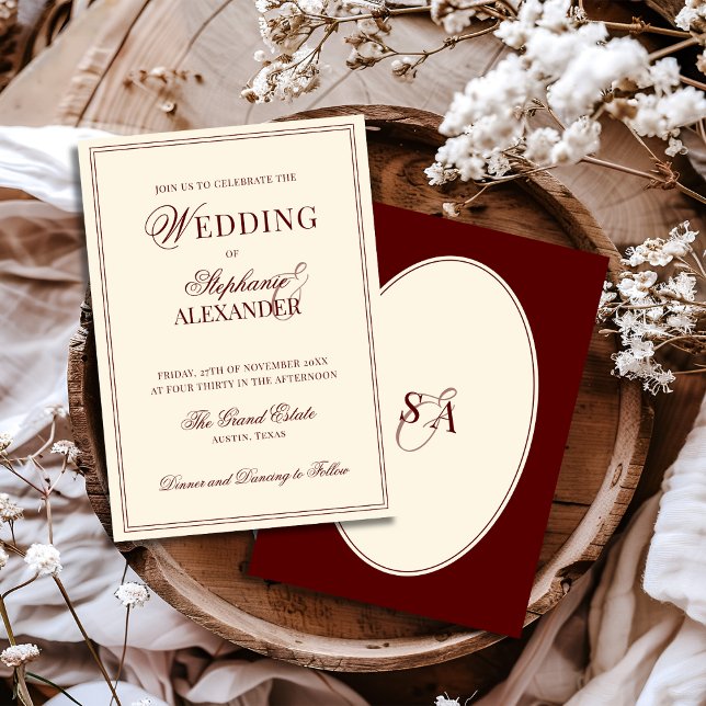 Retro Deep Burgundy Ivory Oval Old Money Wedding  Invitation (Creator Uploaded)