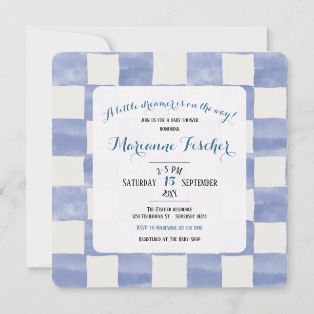 Retro Delft Blue Chequered Baby Shower Invitation (Front)