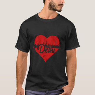 Retro Delhi India Skyline Red Heart Distressed T-Shirt