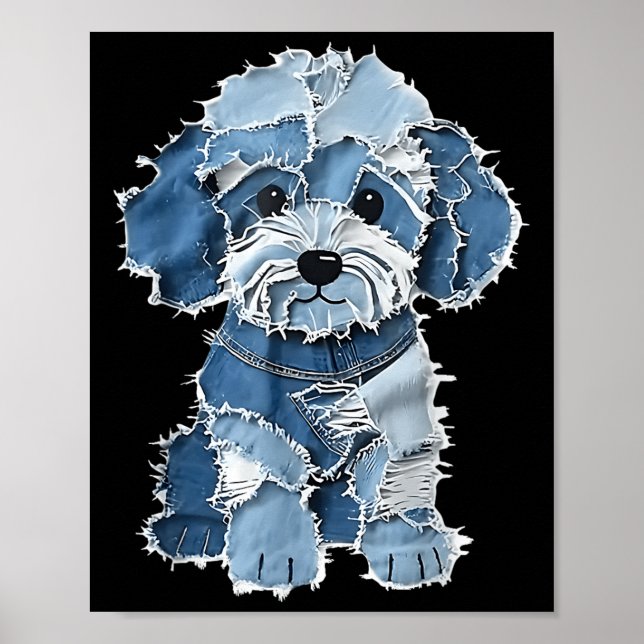 Retro Denim Dog Patch, Funny Shabby Blue Jean Pupp Poster (Front)