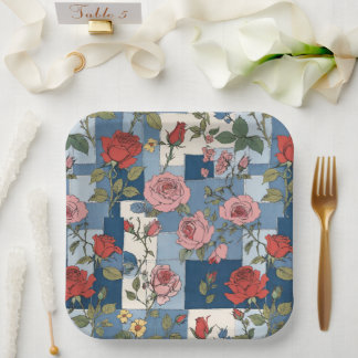 Retro Denim Patches with Red Roses Paper Plate