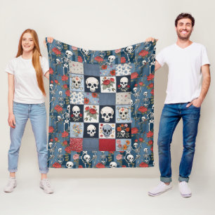 Retro Denim Patchwork with Roses Skulls Skeletons Fleece Blanket