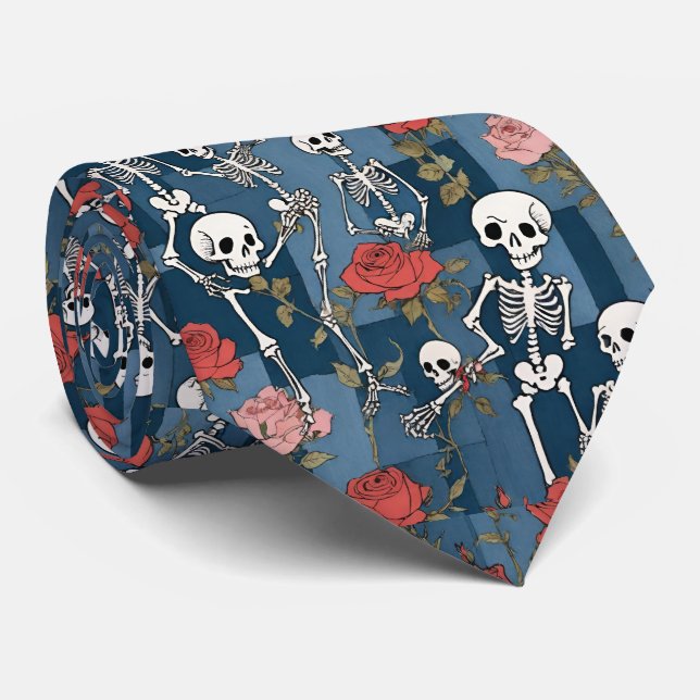 Retro Denim Patchwork with Skeletons and Roses Tie (Rolled)