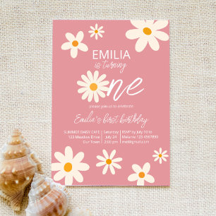Retro desert daisy 1st birthday party dusty pink invitation