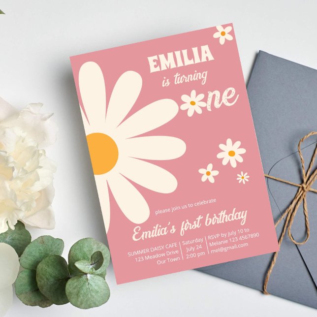 Retro desert daisy 1st birthday party dusty pink invitation (Groovy retro daisy first birthday party template invitation instant download dusty desert pink)