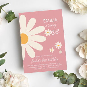 Retro desert daisy 1st birthday party dusty pink invitation