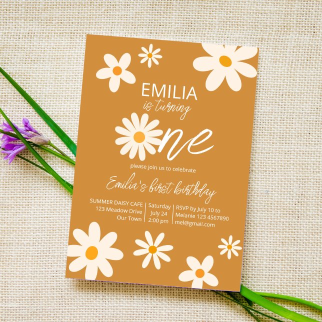 Retro desert daisy 1st birthday party dusty yellow invitation (Creator Uploaded)